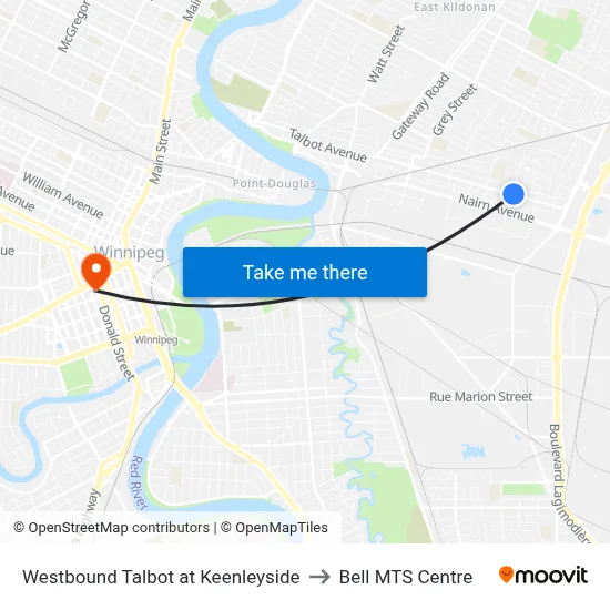 Westbound Talbot at Keenleyside to Bell MTS Centre map