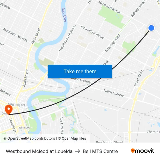 Westbound Mcleod at Louelda to Bell MTS Centre map