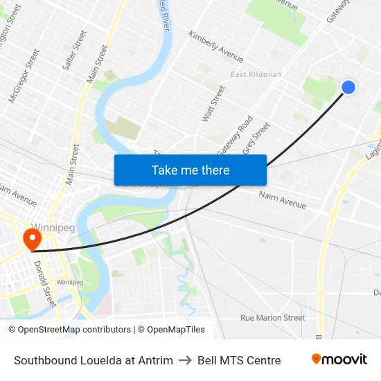 Southbound Louelda at Antrim to Bell MTS Centre map