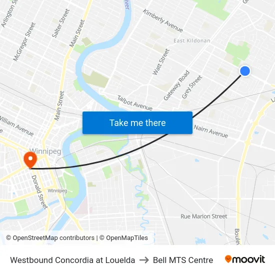 Westbound Concordia at Louelda to Bell MTS Centre map