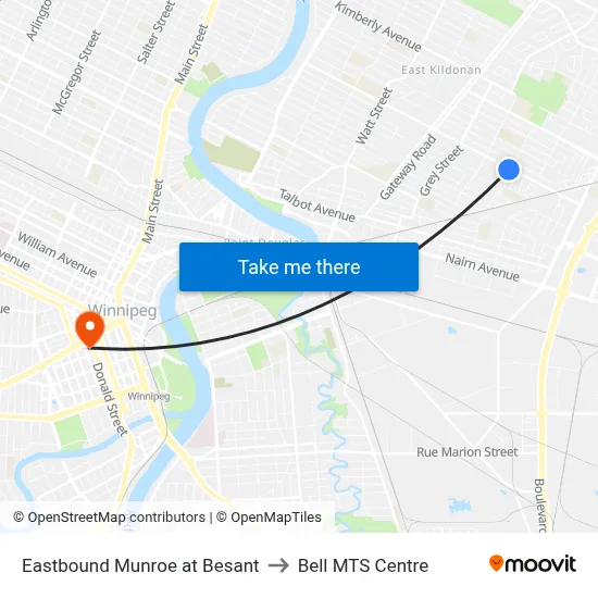 Eastbound Munroe at Besant to Bell MTS Centre map