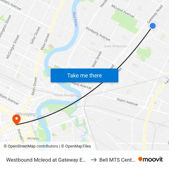 Westbound Mcleod at Gateway East to Bell MTS Centre map