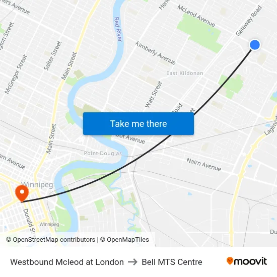 Westbound Mcleod at London to Bell MTS Centre map