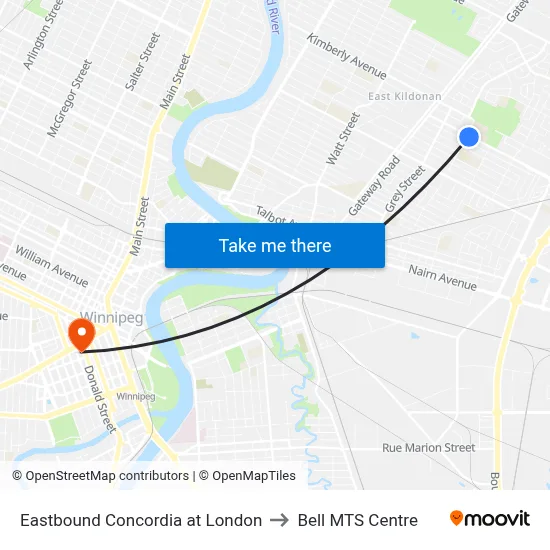 Eastbound Concordia at London to Bell MTS Centre map