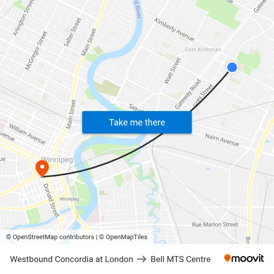 Westbound Concordia at London to Bell MTS Centre map