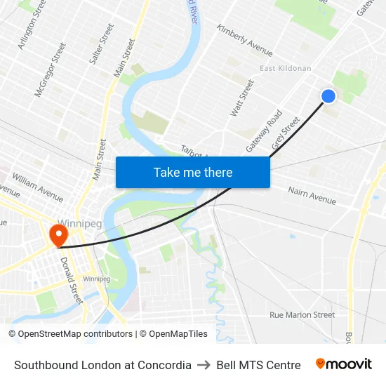 Southbound London at Concordia to Bell MTS Centre map