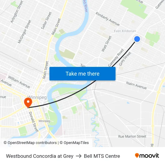 Westbound Concordia at Grey to Bell MTS Centre map
