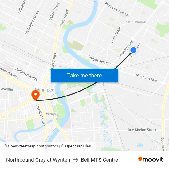 Northbound Grey at Wynten to Bell MTS Centre map