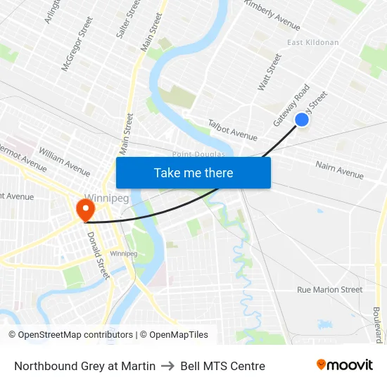 Northbound Grey at Martin to Bell MTS Centre map