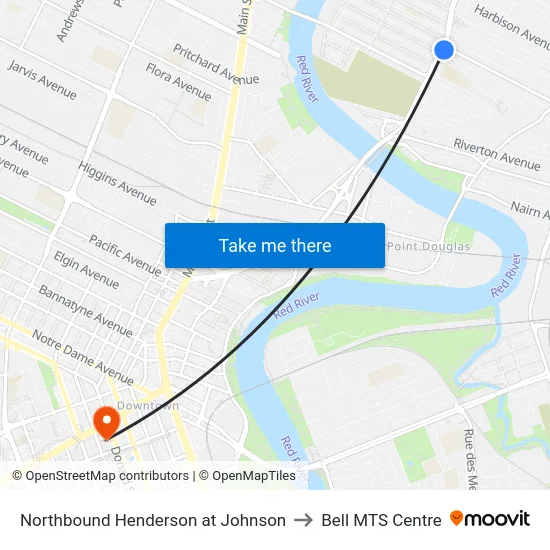 Northbound Henderson at Johnson to Bell MTS Centre map