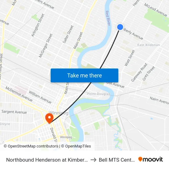 Northbound Henderson at Kimberly to Bell MTS Centre map
