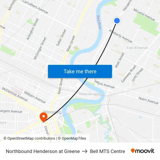 Northbound Henderson at Greene to Bell MTS Centre map