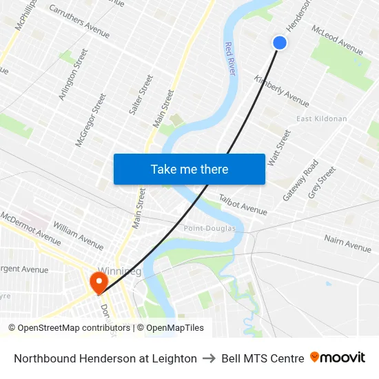 Northbound Henderson at Leighton to Bell MTS Centre map