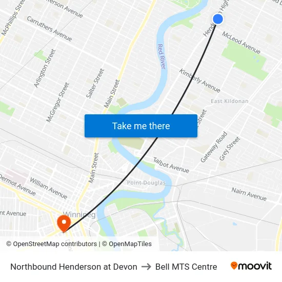 Northbound Henderson at Devon to Bell MTS Centre map