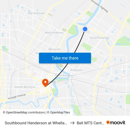 Southbound Henderson at Whellams to Bell MTS Centre map