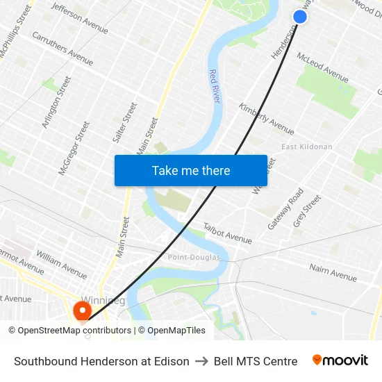 Southbound Henderson at Edison to Bell MTS Centre map