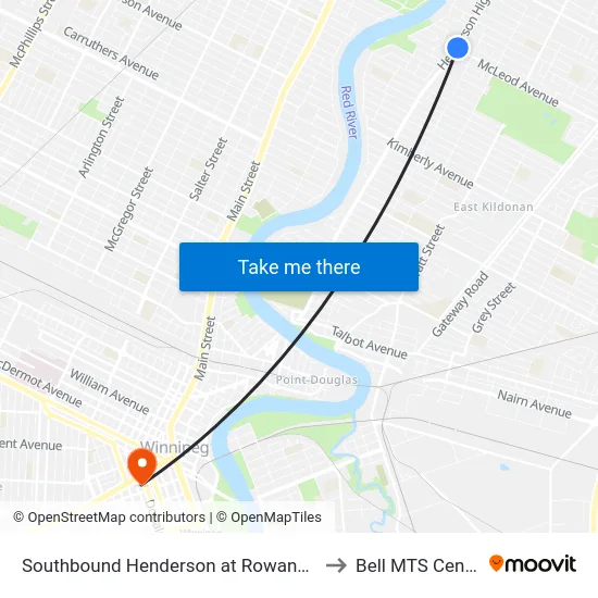 Southbound Henderson at Rowandale to Bell MTS Centre map