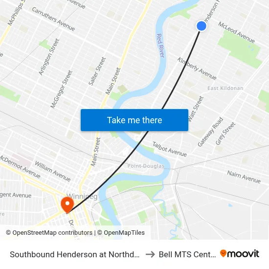 Southbound Henderson at Northdale to Bell MTS Centre map