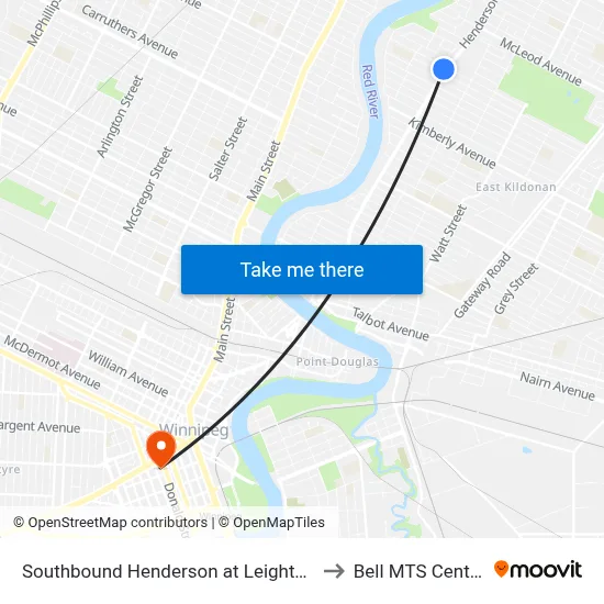 Southbound Henderson at Leighton to Bell MTS Centre map