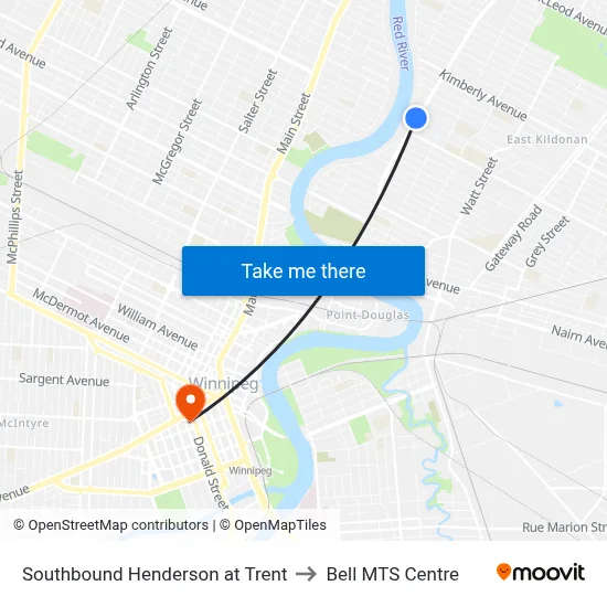 Southbound Henderson at Trent to Bell MTS Centre map