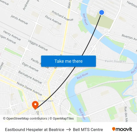 Eastbound Hespeler at Beatrice to Bell MTS Centre map
