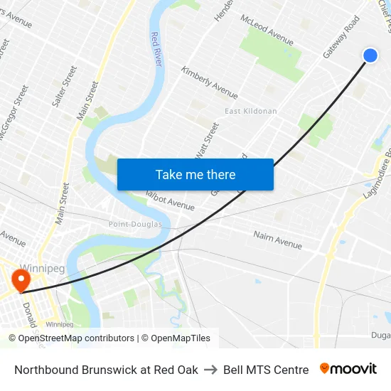 Northbound Brunswick at Red Oak to Bell MTS Centre map