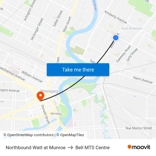 Northbound Watt at Munroe to Bell MTS Centre map