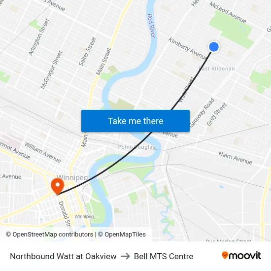 Northbound Watt at Oakview to Bell MTS Centre map