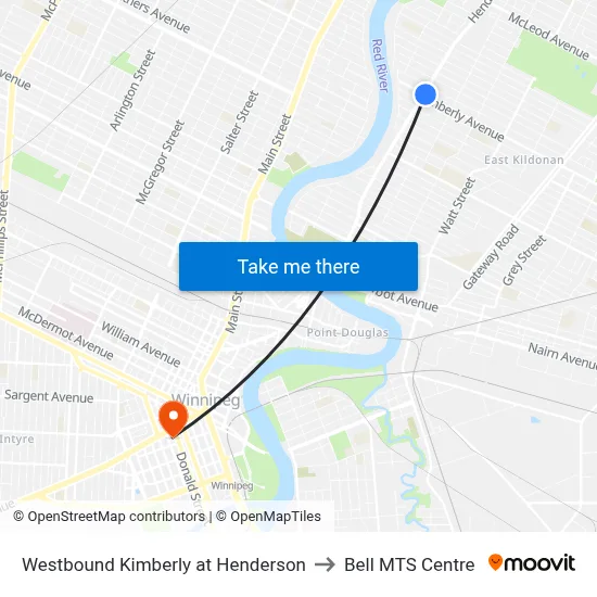 Westbound Kimberly at Henderson to Bell MTS Centre map