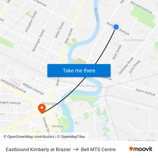 Eastbound Kimberly at Brazier to Bell MTS Centre map