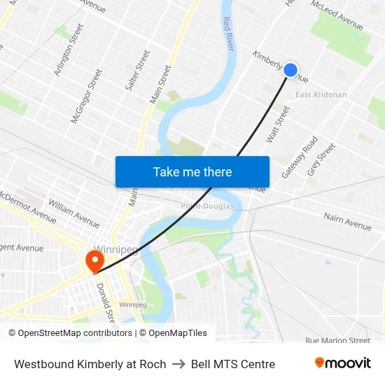 Westbound Kimberly at Roch to Bell MTS Centre map