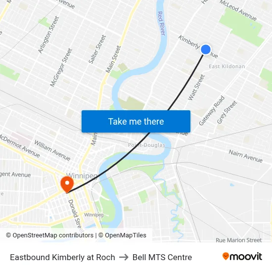 Eastbound Kimberly at Roch to Bell MTS Centre map
