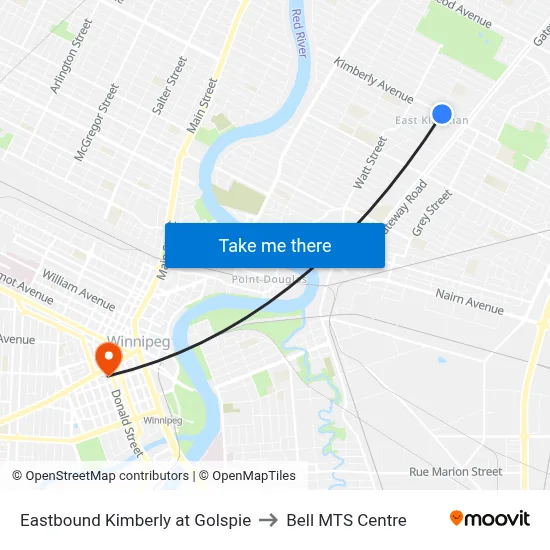 Eastbound Kimberly at Golspie to Bell MTS Centre map