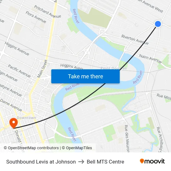 Southbound Levis at Johnson to Bell MTS Centre map