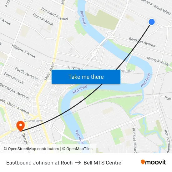 Eastbound Johnson at Roch to Bell MTS Centre map