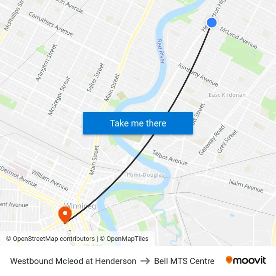 Westbound Mcleod at Henderson to Bell MTS Centre map