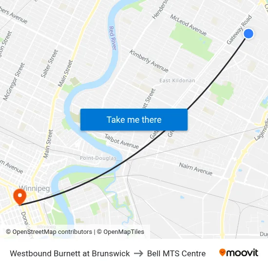 Westbound Burnett at Brunswick to Bell MTS Centre map