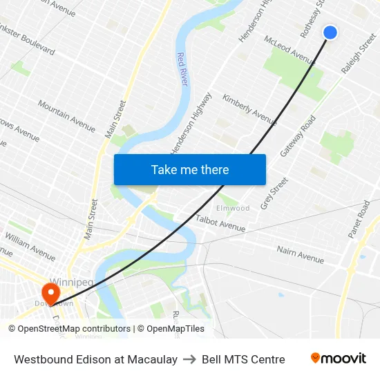 Westbound Edison at Macaulay to Bell MTS Centre map