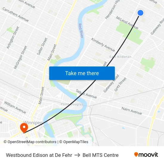 Westbound Edison at De Fehr to Bell MTS Centre map