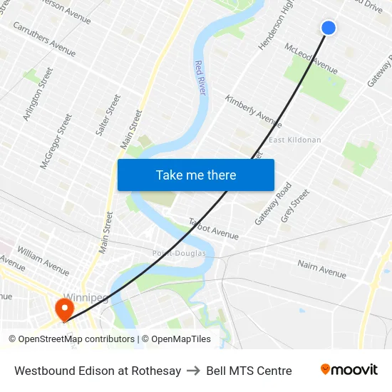 Westbound Edison at Rothesay to Bell MTS Centre map