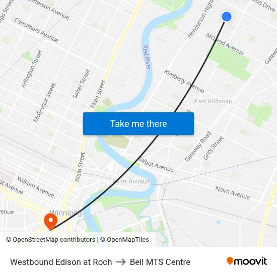 Westbound Edison at Roch to Bell MTS Centre map