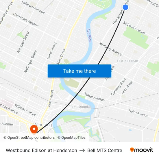 Westbound Edison at Henderson to Bell MTS Centre map