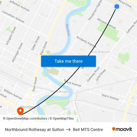 Northbound Rothesay at Sutton to Bell MTS Centre map