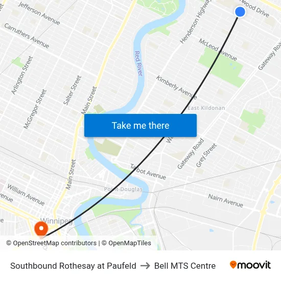 Southbound Rothesay at Paufeld to Bell MTS Centre map