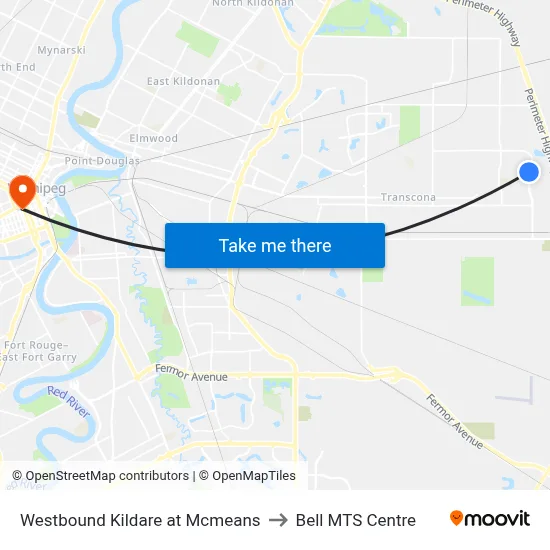 Westbound Kildare at Mcmeans to Bell MTS Centre map