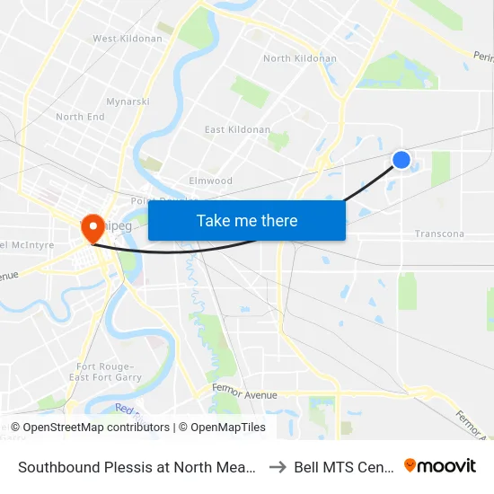 Southbound Plessis at North Meadow to Bell MTS Centre map