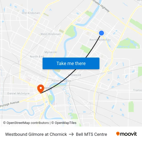 Westbound Gilmore at Chornick to Bell MTS Centre map