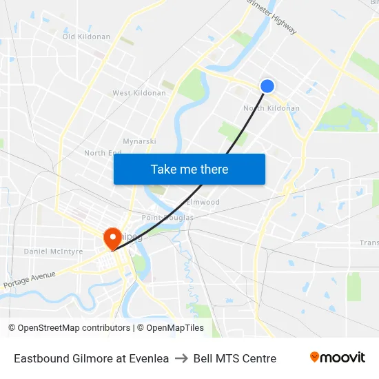 Eastbound Gilmore at Evenlea to Bell MTS Centre map