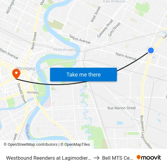 Westbound Reenders at Lagimodiere West to Bell MTS Centre map