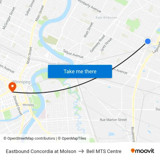 Eastbound Concordia at Molson to Bell MTS Centre map
